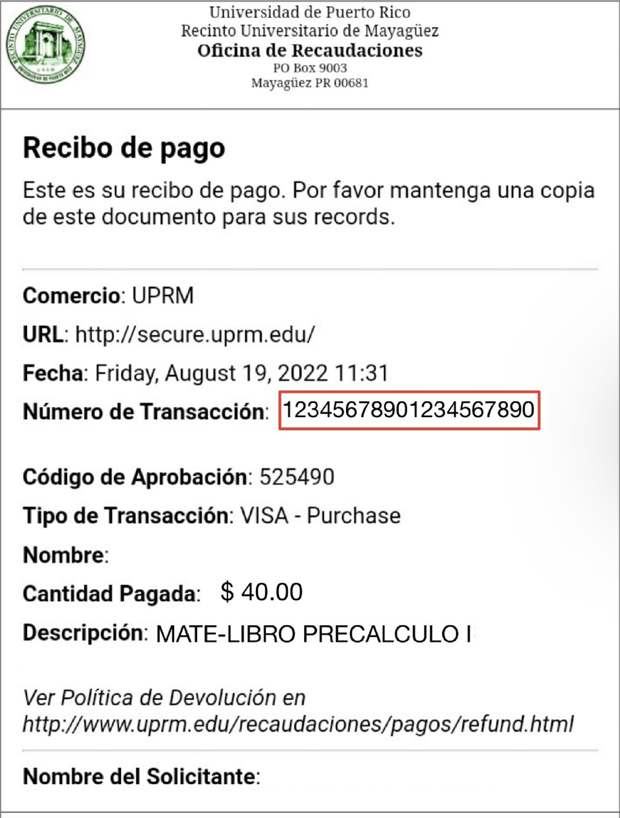 Ejemplo de recibo